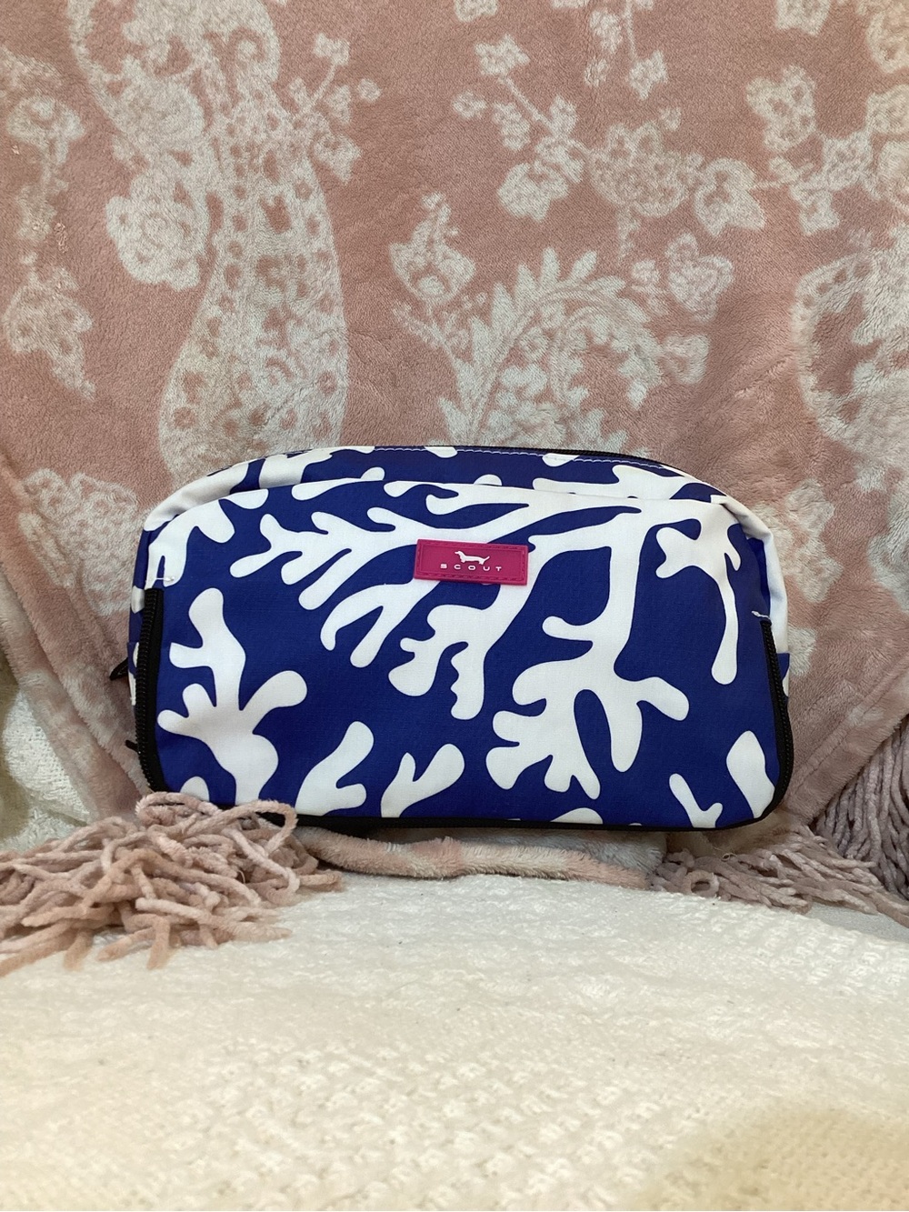 Scout Blue & White Coral-Print Cosmetic Pouch with Pink Logo